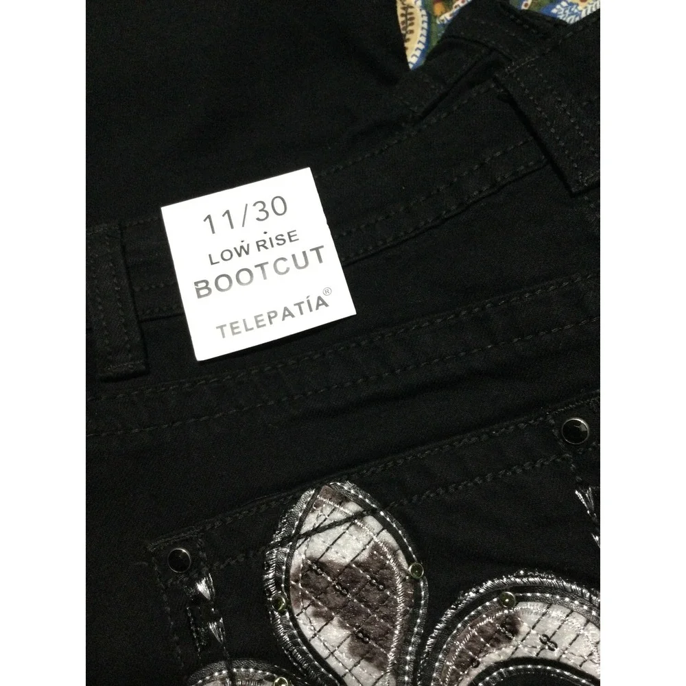 Telepatia Womens Low Rise Bootcut Jeans Black Fleur De Lis Sequin Size 11/30 NEW